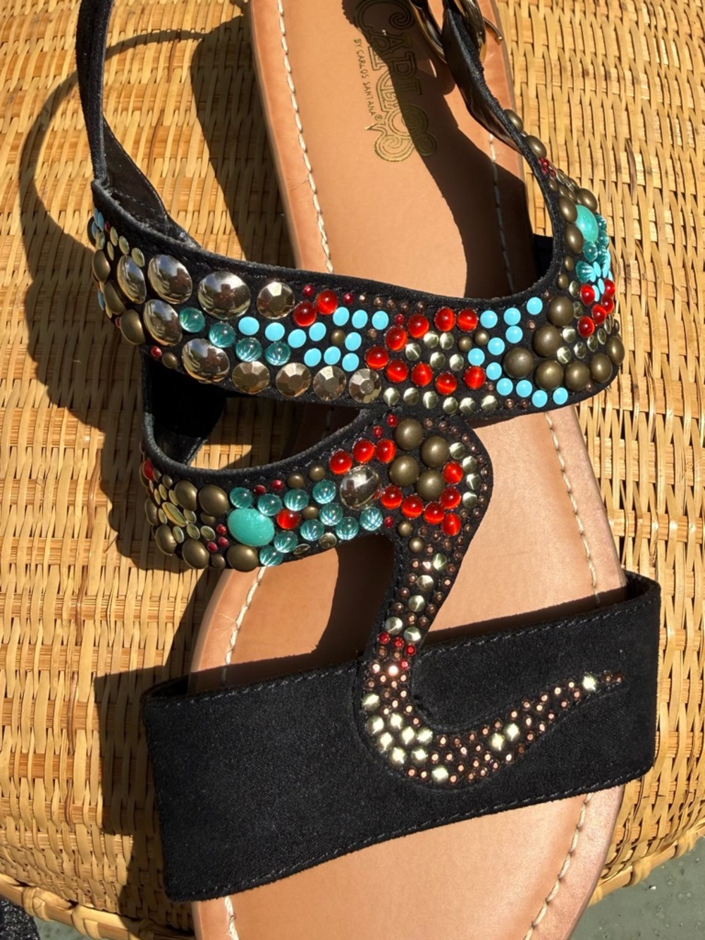 Carlos Santana Women's Sandals Black Turquoise Gold and Red beaded Boho Like New - Picture 6 of 9